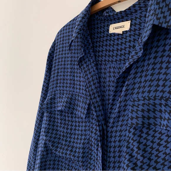 SOLD L’agence Cameron Shirt Dress Blue & Black Sz S 100% Silk Houndstooth - Picture 4 of 10